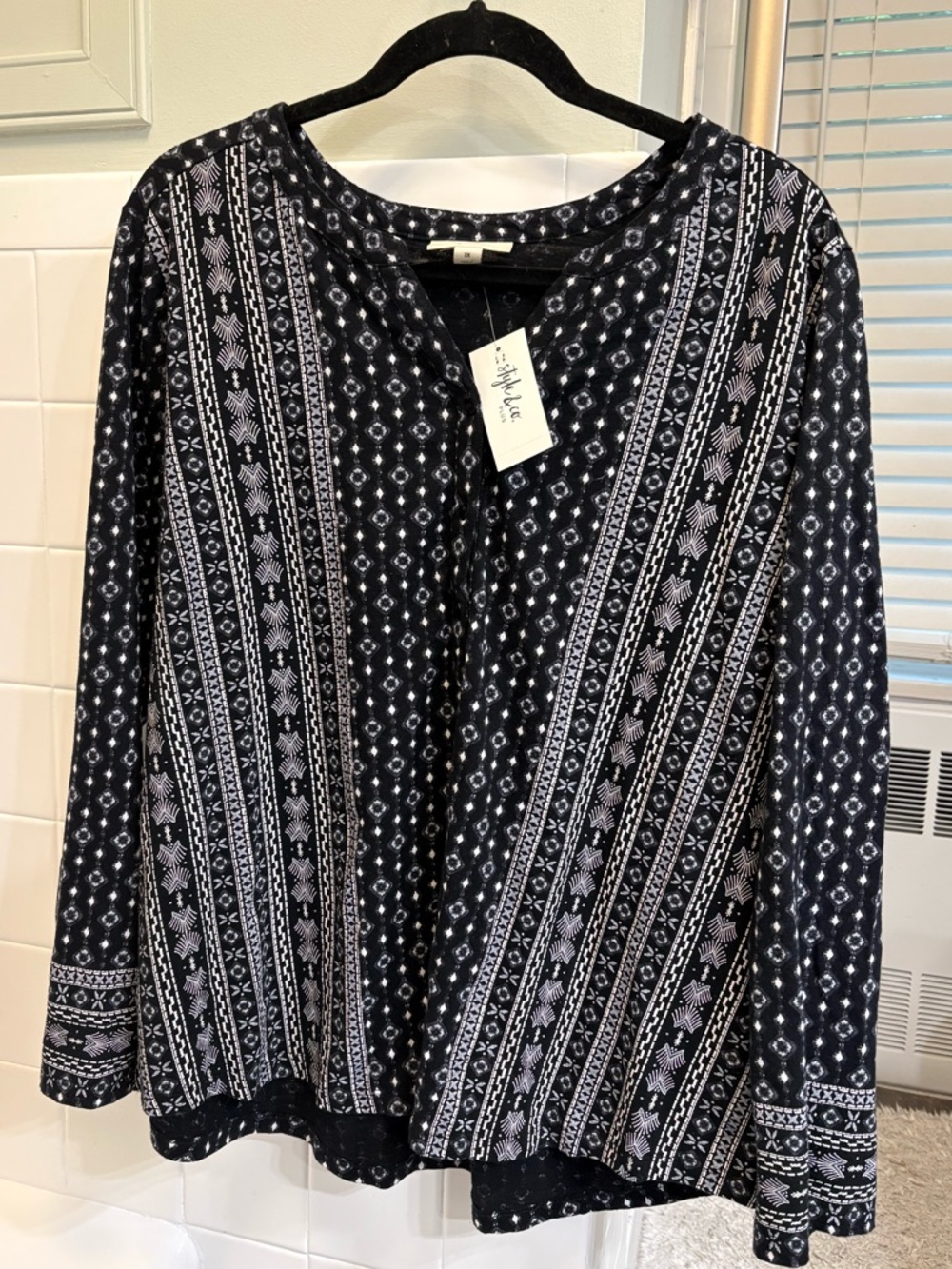 NEW 2X Black Patterned Long-Sleeve 100% cotton peasant top boho Style & Co.